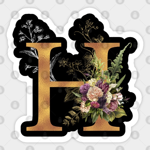 Floral Monogram Golden Letter H First Name Initial Wedding Anniversary Birthday Graduation Halloween Gift Sticker by BadDesignCo